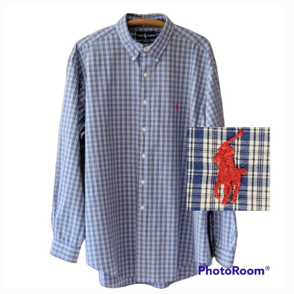 Ralph Lauren Blue White Checked Button Down Shirt Red Pony Logo Classic Flawed